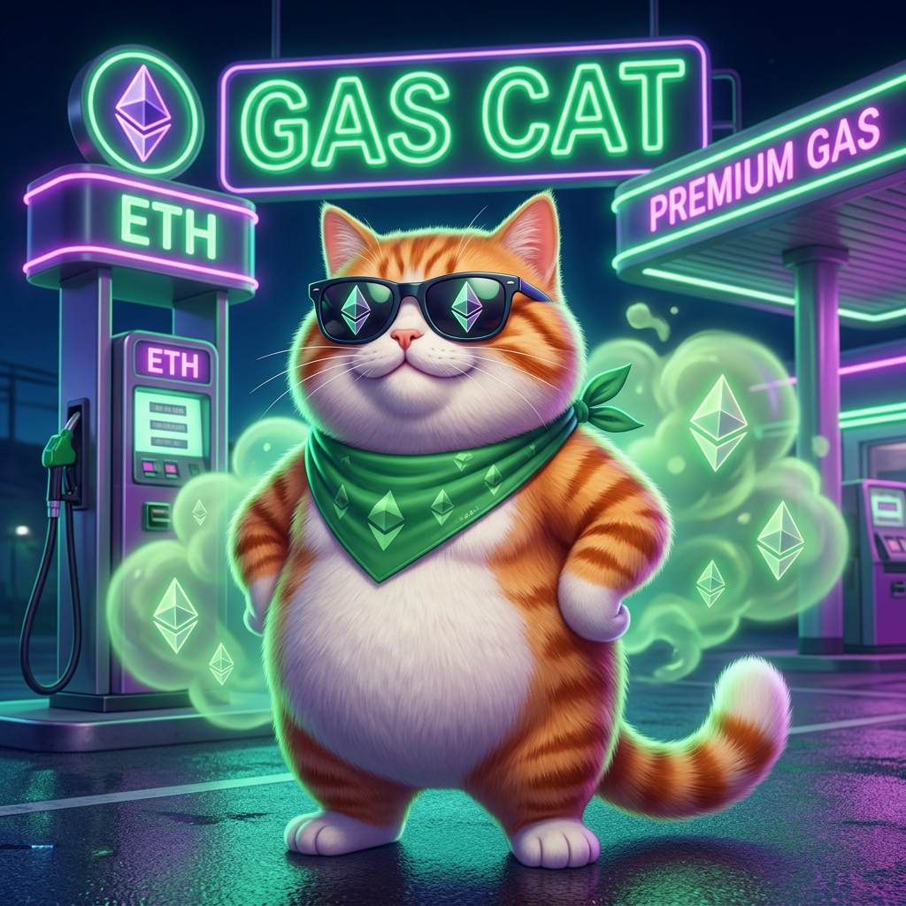 Gassy, the orange-and-white GAS CAT mascot wearing a green Ethereum bandana